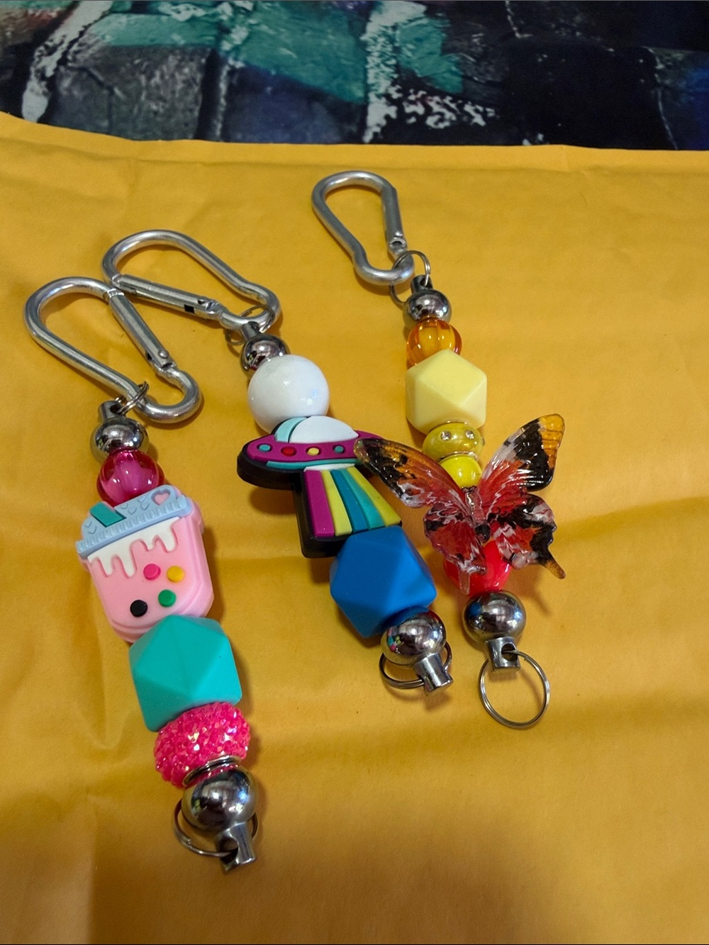 Colorful Pink, Blue & Yellow Beaded Keychain Set - Cute Cupcake, UFO & Butterfly